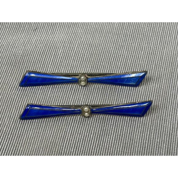 Vintage Sterling Silver Blue Enamel Seed Pearl Art Deco Bar Pins #56636 - Picture 8 of 11